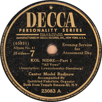 Decca Record Label (1939) of Federlein accompanying Cantor Rudinow at Temple Emanu-El